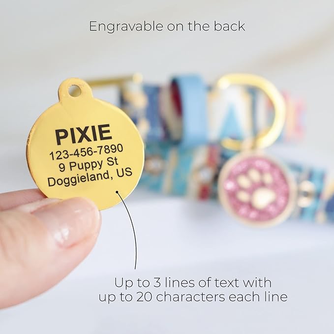 Paw Shape Dog ID Tag Stainless Steel Custom Laser Engraved, Cute Bling Glitter Pet Name Tags Personalized with Durable Engraving (Gold Sparkly Round Paw)