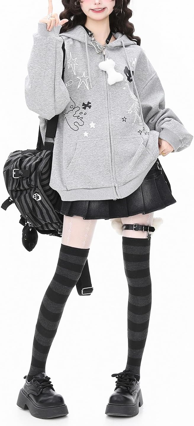 Womens Y2K Zip Up Cute Graphic Hoodies Cat Ears Casual Cartoon Harajuku Kawaii Clothes Oversize Streetwear Jacket