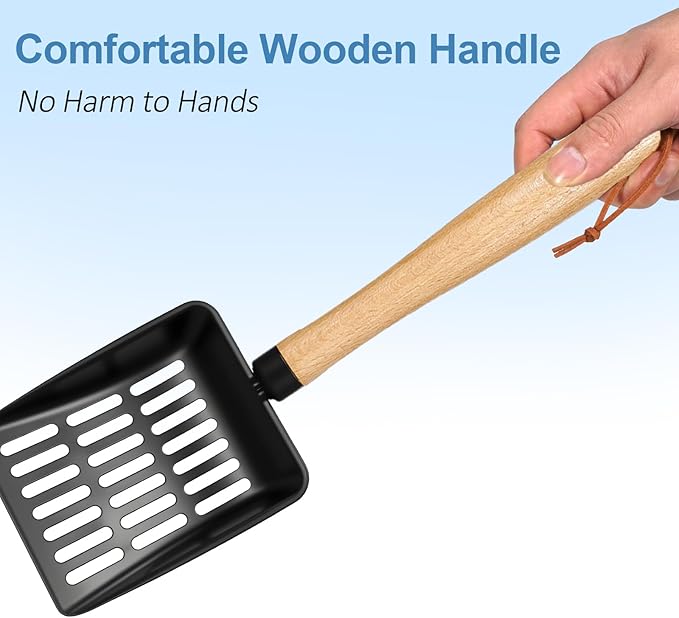 Cat Litter Scoop, Metal Litter Scoop, Heavy Duty Metal Cat Scooper for Litter Box, Black Sifter Scoop for Pellets, Wooden Handle Scoop with Hole, Kitty Necessity (9.8" Handle)