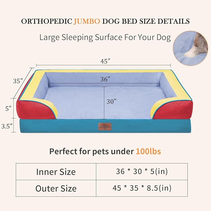Comfort Expression Orthopedic Dog Bed for Extra Large Dogs 45x35 Inch, Waterproof Egg Crate Foam XL Pet Bed with Removable Bolsters, Dog Couch with Washable Cover & Non-Slip Bottom, Funfetti Fiesta