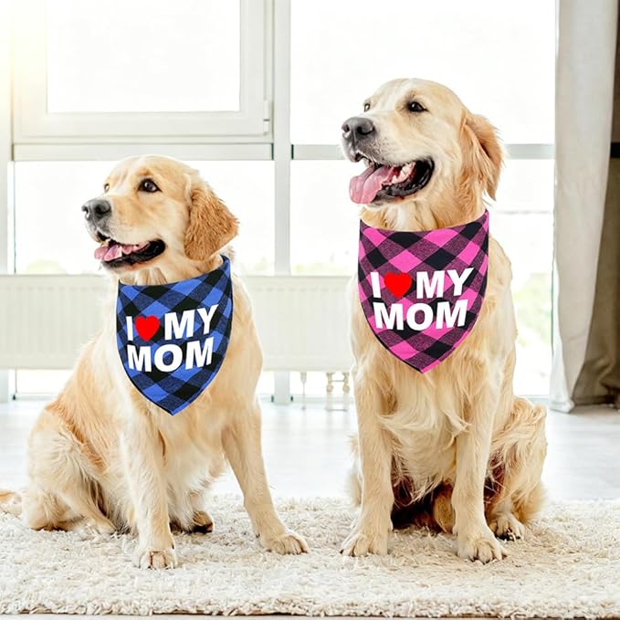 GreenJoy Cute Plaid Dog Bandana – Washable Pet Triangle Scarf for Small, Medium, Large Dogs and Cats, Adjustable Pet Accessory for Birthday, Wedding and Christmas (Blue (Mom), Medium)