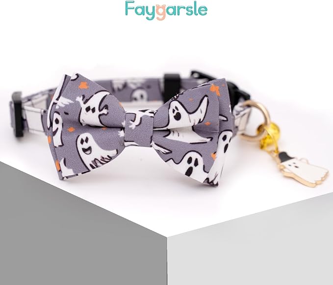 Faygarsle 2 Pack Halloween Breakaway Cat Collar Collection Ghosts Pattern Cute Cat Collar with Bell for Kittens Female Male Cats Seasonal Holiday Bowtie Fall Cat Collar Orange Gray