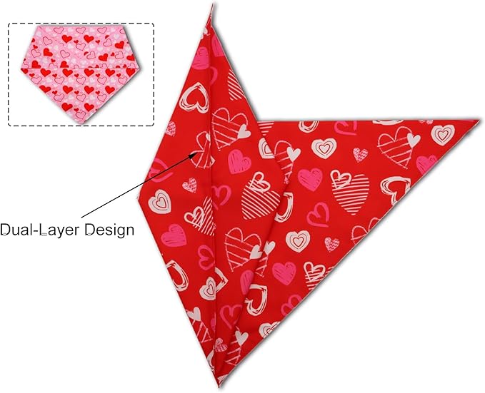 Valentine's Day Dog Bandanas Set 2PCS-Large,Heart Bandanas for Weddings and Holiday Party Costumes,Pet Scarves for Boys and Girls,Dog Outfit Gifts for Medium to Large Dogs(Pink&Red)