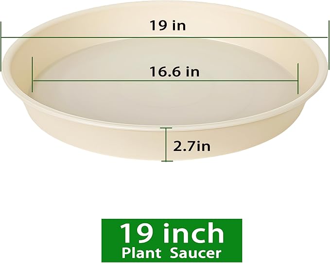 2 Pack of 18 19 inch Plant Saucer Drip Tray (16.6 inch Base), Heavy Duty Deep Plant Saucers for Pots, Plastic Flower Planter Water Trays for Indoors Outdoor (19", Beige)