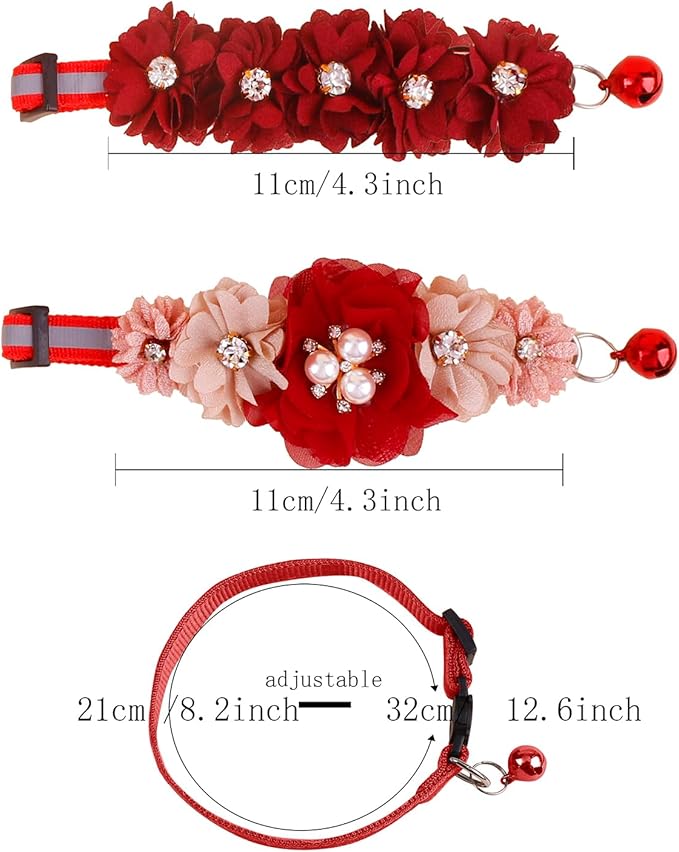 2 Pack Cat Collar Pink Floral with Bell and Removable Flower Bowtie Breakaway Adjustable Cat Collar for Girl Kitten Puppy Small Cats Dogs Daily Decoration (XQ102-3)