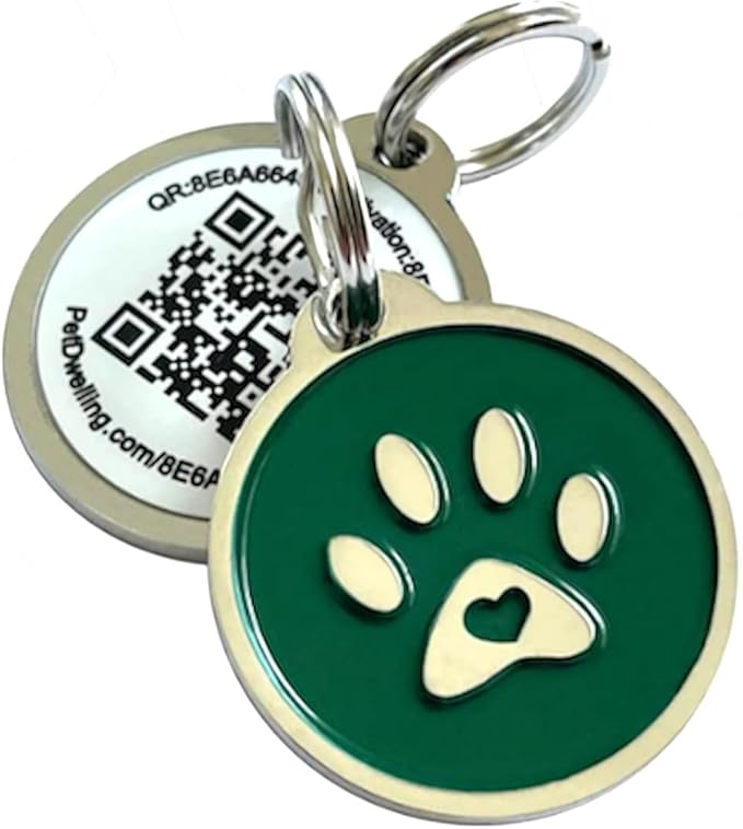 Pet Dwelling QR Pet Tag – Easy Scan Instant Location Alerts, Online Pet Profile with AI Feature for Dogs & Cats (Green Paw)
