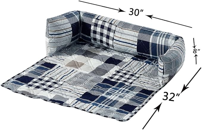 Brilliant Sunshine Quilted Calming Dog Bed Mat, Removable Washable Cover, Cushion Protector and Couch Covers for Dogs, Pets, Cats, Medium, Blue Plaids and Stripes Patchwork