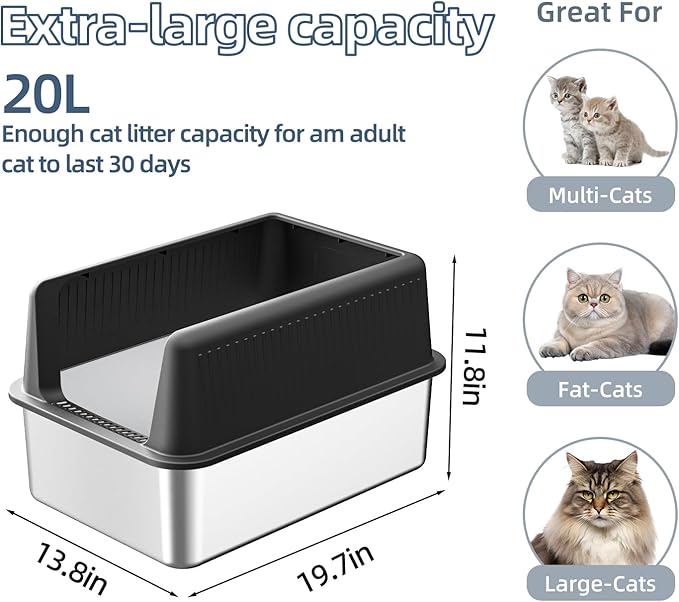 2PACK Stainless Steel Cat Litter Box with Lid,19.7” L x 13.8” W x 11.8”H Deep,Large Metal Litter Box with High Side,for Small and Large Cats,Anti-Leakage Non-Sticky Include Litter Scoop