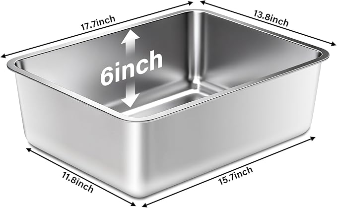 Stainless Steel Litter Box,Metal Cat Litter Box,Medium Cat Litterbox for Kitty or Rabbits, No Smell, Non Stick, Easy to Clean(17.7" L x 13.77" W x 6" H)