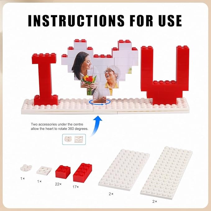 NAZENTI Custom Building Brick Gifts for Mothers Day, Personalized Photo Block Puzzle Heart Shaped Picture Customized Valentine's Day Gifts for Couples, I Love You Block Puzzle for Her, Anniversary