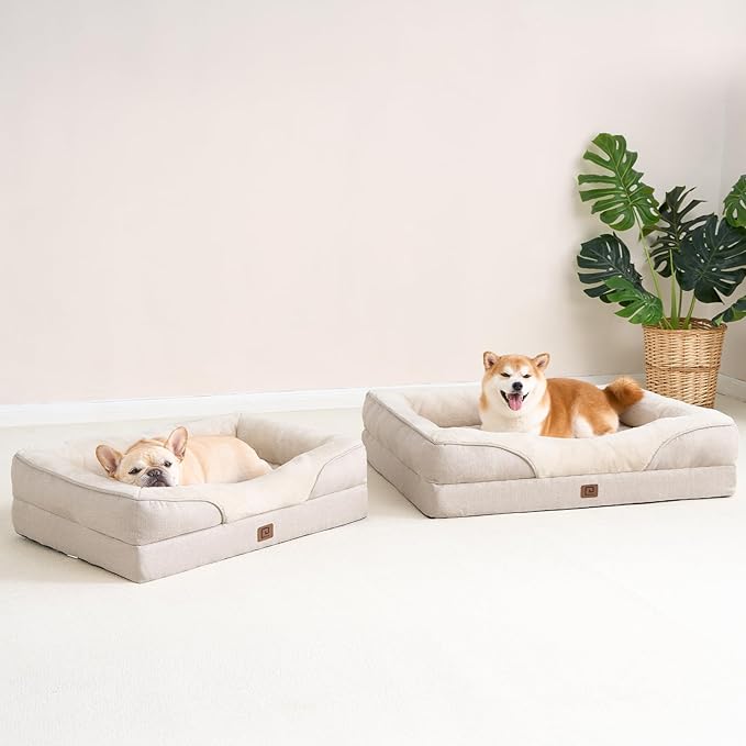 EHEYCIGA Orthopedic Dog Bed for Medium Dog, 30x20x6.5 Inch Memory Foam Dog Couch Bed with Sides, Waterproof Liner & Washable Removable Cover, Bolster Pet Sofa, Beige