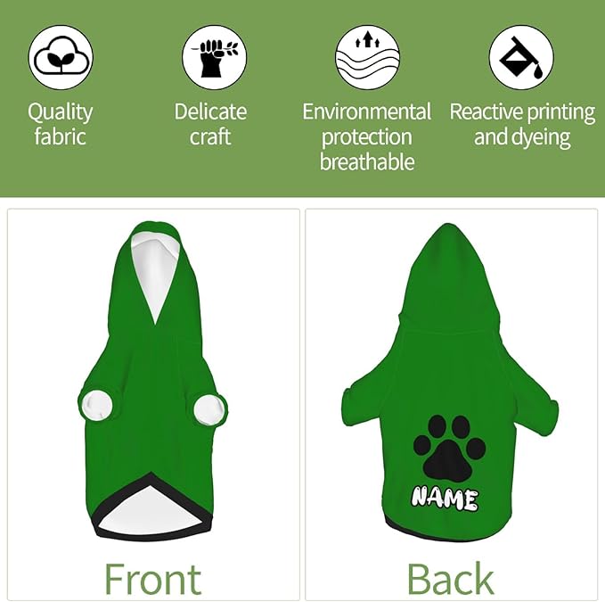 Custom Dog Hoodie Soft & Warm Design Your Own Personalized Photo Text Logo Name Dog Clothes for Puppy Sweatshirt Hooded for Small Medium Large Dogs Girl/Boy Cats Green