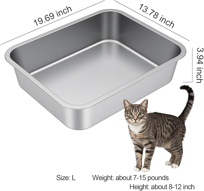 Large Stainless Steel Litter Box with High Sided, Metal Cat Litter Box, Odor-Free Non-Stick Litterbox Pan, Easy to Clean Pet Supplies Toilet Tray for Indoor Cats, Kittens or Multicat Homes