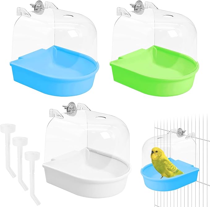 Tfwadmx 3Pcs Bird Bath for Cage Hanging Parakeet Bath Box Clear Bird Bathtub Water Shower Food Feeder Bathing Tub for Cockatiel Conure Canary Budgies
