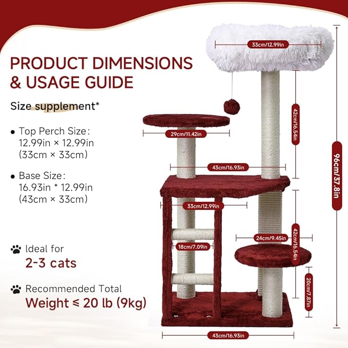 Cat Tree, 37.4-Inch Cat Tower with Plush Cozy Perch for Indoor Cats, Sturdy Tower with Fully Sisal-Wrapped Columns and Plush Toy Ball for Kitty Play, Red
