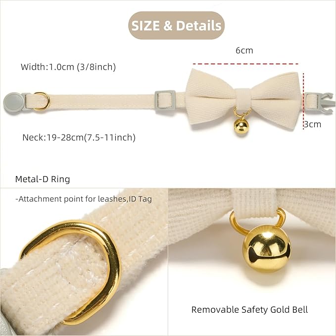 Soft Corduroy Cat Collar, Plaid Pattern, with Bell and Bowtie, Safety Breakaway Clasp, Adjustable for Kitten and Cats White Color.