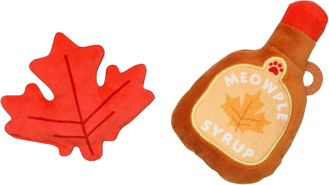 Pearhead Fall Maple Leaf Cat Toy Set – 2-Pack Crinkle and Catnip Teaser Toys for Thanksgiving, Autumn Interactive Play, Kitten Chase Exercise Gift