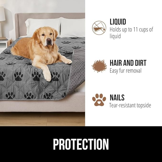 GORILLA GRIP Waterproof Bed Cover for Dogs, 102x82, Gripped Slip Resistant Backing, Leak Proof Washable Dog Blanket Covers Sofa, Couch, Sectional, Crate, Car, RV Seats, Pet Puppy Essentials, Gray Paw