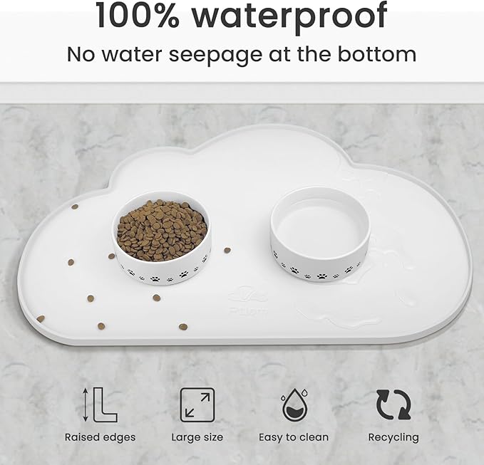 Ptlom Pet Placemat for Dogs and Cats, Non-Slip Waterproof Dog Feeding Mats Prevent Food and Water Overflow, Puppy Bowl Mat Suitable for Small, Medium and Large Pets, Silicone, White
