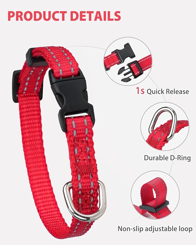 Joytale Small Dog Collar, Reflective and Adjustable Nylon Collar with Quick-Release Buckle, Lightweight No-Choke Design for Puppy and Extra Small Dogs, Red, XS
