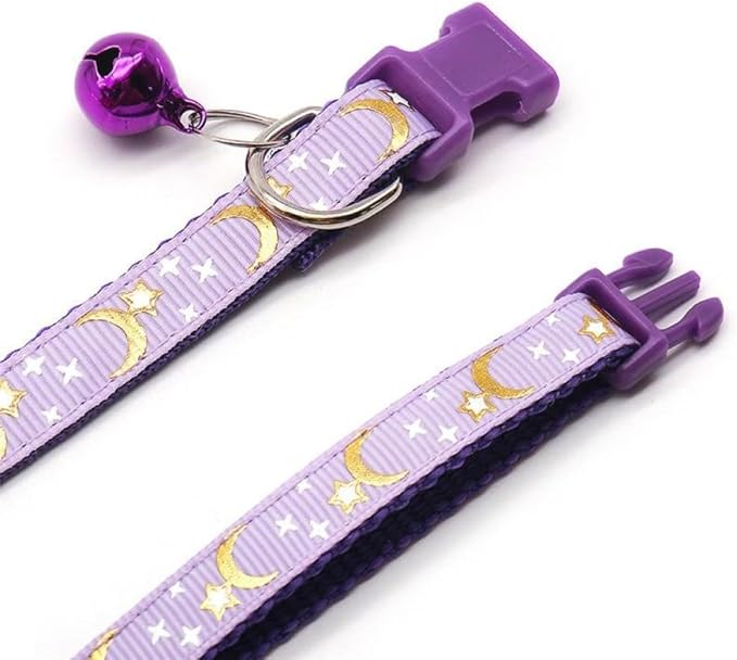 Reflective Cat Collars Breakaway with Bell Moons Stars 2 Pack Girl Boy Pet Kitten Collar Adjustable 7.5-12.5 Inch (Purple)