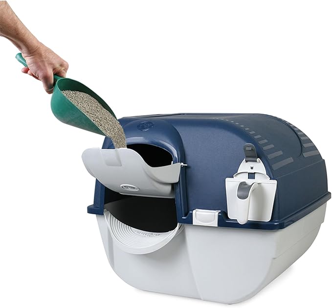 Omega Paw Roll N Clean Complete Self Cleaning Litter Box with New Bag System, Litter Step, Sifting Grate, and Pullout Waste Tray with 100 Bags, Blue