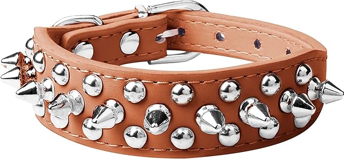 Spiked Dog Collar Soft Pu Leather Mushrooms Rivet Spike Studded Puppy Adjustable Pet Collars for Small Breeds (M, Brown)