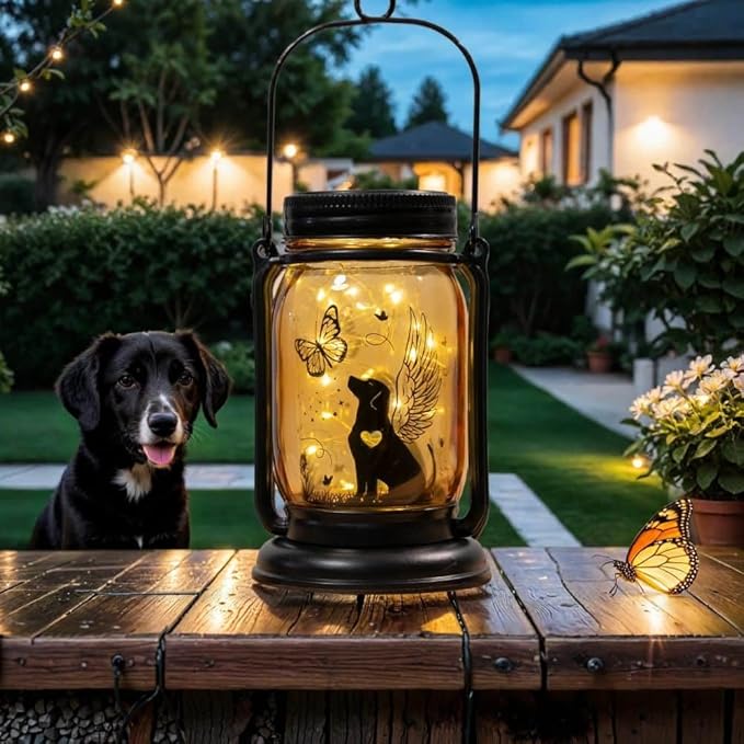 iHeartDogs Angel Dog or Cat Memorial Mason Jar Solar Light - Outdoor Hanging Lantern, Garden Stake, Solar Powered, Garden Decor - Warm Light