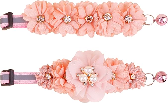 2 Pack Cat Collar Pink Floral with Bell and Removable Flower Bowtie Breakaway Adjustable Cat Collar for Girl Kitten Puppy Small Cats Dogs Daily Decoration (XQ102-2)