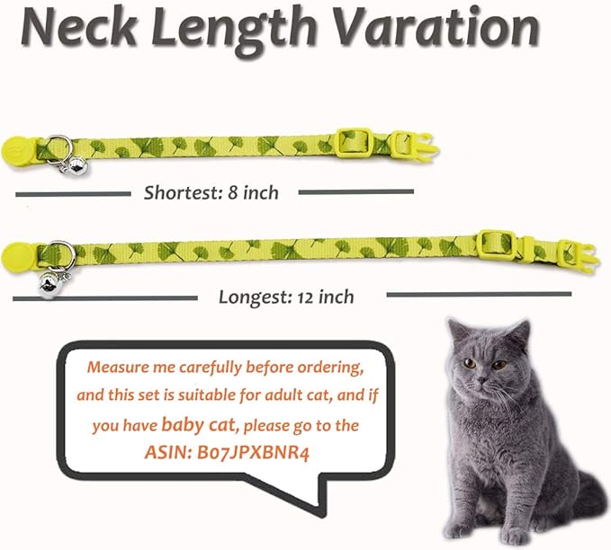 azuza 4 Pack Breakaway Cat Collar with Bell, Quick Release Safe Buckle Adjustable Cat Collars, Floral Print Rose/Ginkgo/Sunflower/Butterfly
