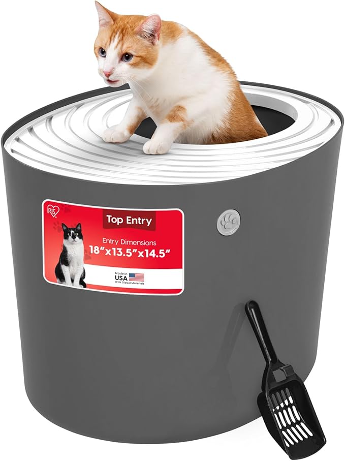 IRIS USA Cat Litter Box, Large Top Entry with Litter Catching Lid and Scoop, Dog Proof, Cat Box Enclosure, Dark Gray/White