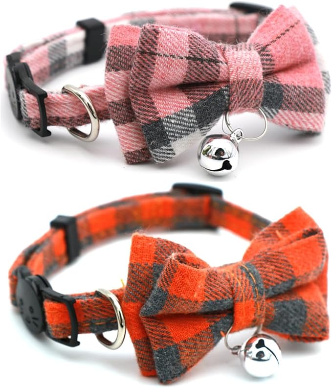 2-Pack Plaid Cat Collar with Bell and Bow, Breakaway Kitten Collar with Bell, Bowtie Puppy Collars for XXS Xs Small Little Pet Tiny Dogs, Pink+Orange