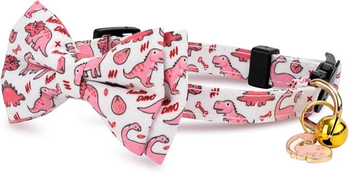 2 Pack Cotton Cat Collar with Bow Tie and Bell for Male Female Cats,Soft Fancy Breakaway Kitty Kitten Collar with Ghost& Pumpkin Patterned Design for Boy Girl Cats. (Dinosaur)