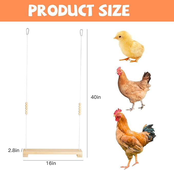 Jorewood 40cm Natural Wooden Chicken Swing Perch with Iron Monkey Decoration & Adurable Rope - Safe Poultry Toy for Hens, Birds with Wooden Beads & Durable Design
