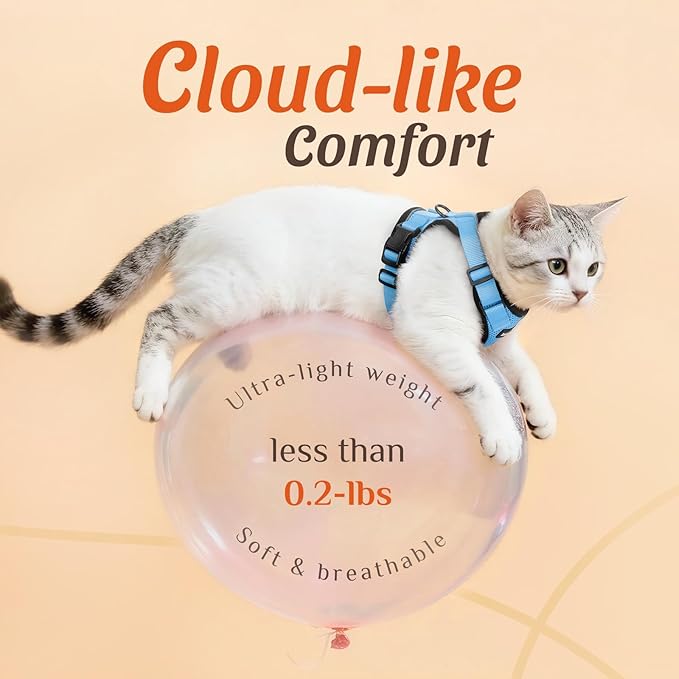 Dooradar Cat Harness and Leash Set, Escape Proof Safe Adjustable Kitten Vest Harnesses for Walking, Easy Control Soft Breathable Mesh Jacket with Reflective Strips for Cats, Light Blue, M