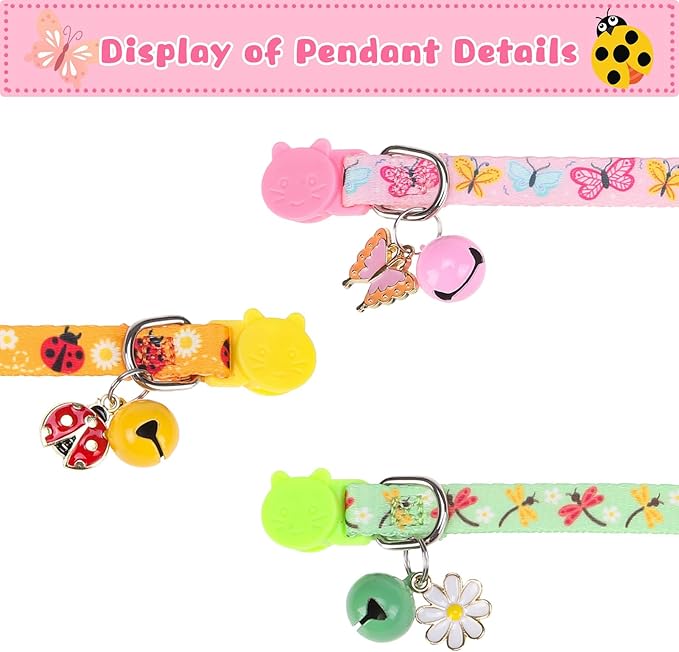 Breakaway Cat Collars with Bell & Cute Pendants, 3 Pack Safety Buckle Kitten Collars, Adjustable Pet Collar Ideal for Girl Boy Cats Puppy (Style A - Insect)