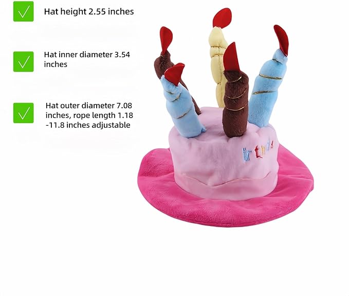 Cute Pet Party Hat for Dogs&Cats - Soft Fluffy Birthday Cap with 5 Color Candles (Blue), Adjustable Strap for Halloween,Costume&Photo Shoots,Fits Small to Large Pets,Washable&Comfortable ﻿ (Pink)
