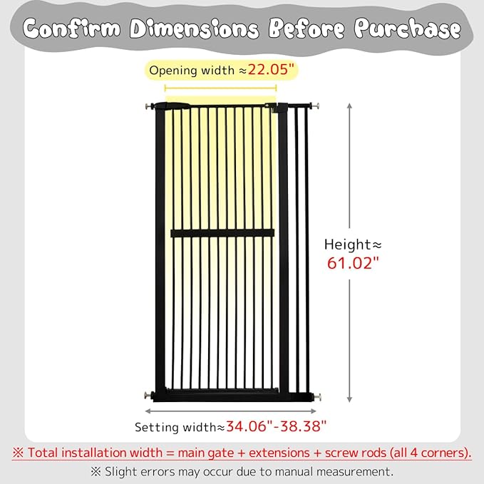 Lumizone Extra Tall Cat Gate 61.02" High Pressure Mounted Extra Wide 34.06"-38.38" (17Sizes) 1.37" Gap No Drilling Auto-Close Tall Pet Gate for Dogs (Black, 34.06"-38.38" W)
