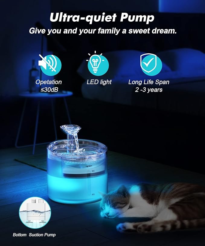 NPET WF100 Cat Foutain, 54oz/1.6L Automatic Pet Water Fountain Dog Water Dispenser with 2 Flow Modes, Bottom Suction LED Light Quiet Pump for for Cats & Small Dogs
