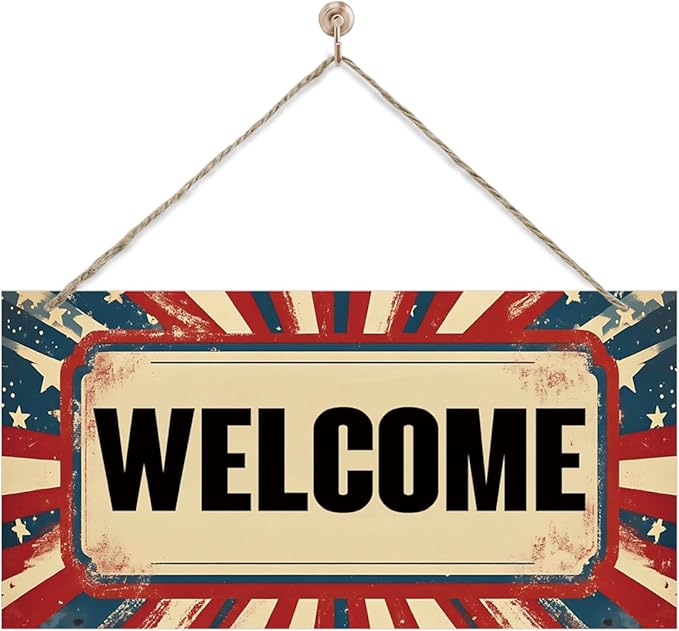Welcome Sign for Front Door, Welcome Decor Wooden Hanging Sign for Wall Decor, Retro America Wall Hanging Signs, Funny Wooden Outdoor Front Door Decoration 13.8X6.9 inches