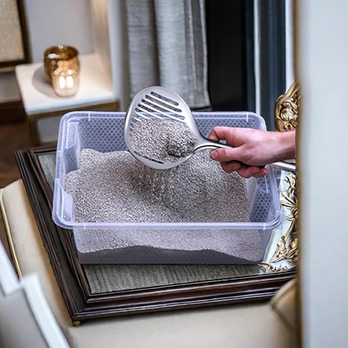 Cat Litter Scooper Accessories, Cat Litter Scoop Metal Cat Poop Sifter Pet Supplies with Non-Slip Long Handle Home Cat Scooper Stainless Steel Poop Sifting Cleaning for Litter Box