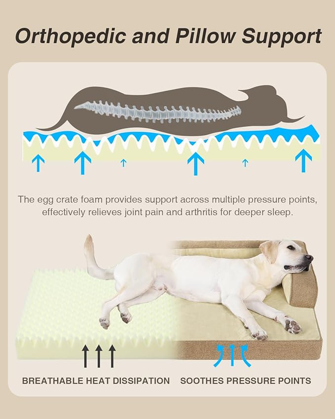 KSIIA Washable Dog Bed XL Senior Dog, Orthopedic Warm Soft Pet Sofa Waterproof Pet Couch with Sides, Non-Slip and Egg-Crate Foam Extra Large Beds with Removable Cover, 41x27Inch, Brown