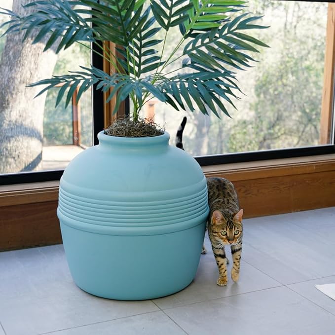 Good Pet Stuff Hidden Litter Box Planter, Decorative Cat Litter Enclosure with Carbon Filter, Artificial Plant, Easy Clean, Removable Liner, Round Style, Essentials Kit, Coastal Blue