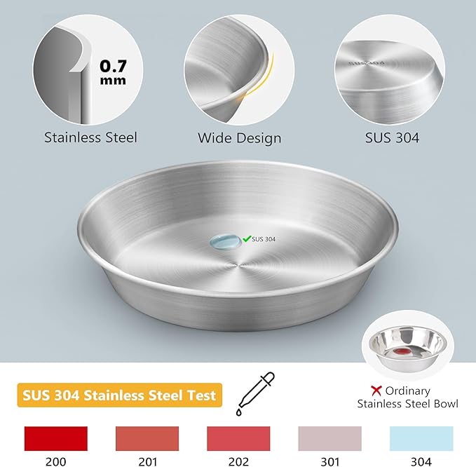 2-Pack Stainless Steel Cat Food Bowls, Shallow Whisker-Friendly Non-Slip Silicone Base Metal Dishes, Easy to Clean Indoor Water Flat Plates for Cat, Kitten, Small Dog (5.9")
