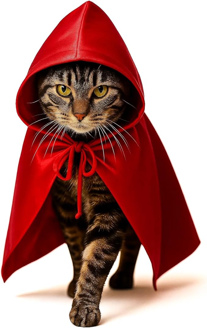 Red Cat Cloak with Hood for Indoor Cats, Funny Superhero Cosplay Halloween Costume for Pets, Cute Cape for Party Photos and Dress-Up – Big/Middle Size