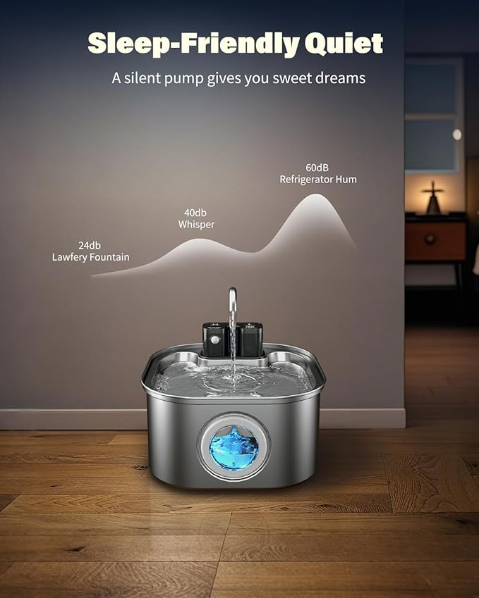 Wireless Cat Water Fountain Stainless Steel with 4 Filters & 4 Sponges, 3.2L/108oz Battery Operated Pet Fountain, Cordless Pet Water Dispenser for Cats and Dogs