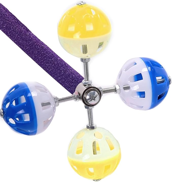 Perch Toy with Rotating Balls Suit for Small and Medium Birds, Budgies, Budgerigars, Parakeets, Parrots, Cockatiels, Parrotlets, Lovebirds, Ringnecks, Conures (Natural Pepper Wood, Purple/Yellow)