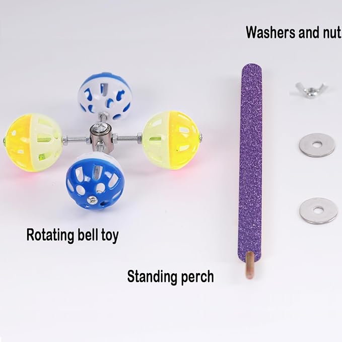 Perch Toy with Rotating Balls Suit for Small and Medium Birds, Budgies, Budgerigars, Parakeets, Parrots, Cockatiels, Parrotlets, Lovebirds, Ringnecks, Conures (Natural Pepper Wood, Purple/Yellow)