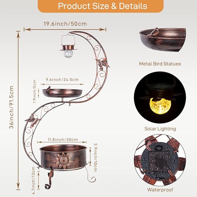 VEWOGARDEN S Bird Baths for Outdoors Metal Standing Bird Bath with Solar Lamp Vintage Garden Birdbaths with Flower Planter Pedestal(36" H * 19.6" W)
