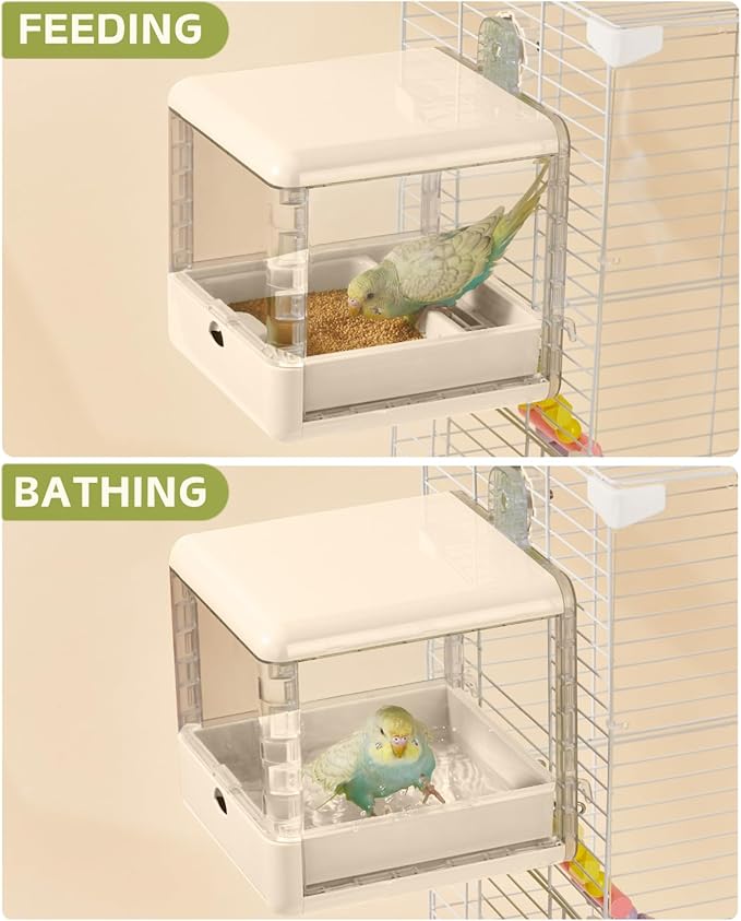 septillar Bird Feeder and Bath for Cage, Hanging Bird Bathtub Bath Shower Box Bowl, Bird Cage Accessories Suitable for Small Medium Birds, Parrots, Lovebirds, Finches, Parakeets, Mannikin (White)